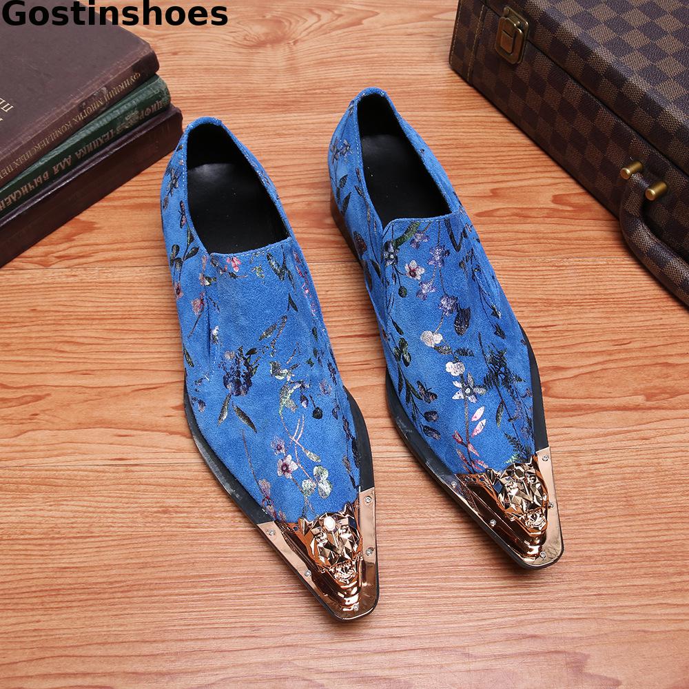 Fashion Blue Men Oxford Shoes Genuine Leather Printed Iron Toe Head Leisure Business Shoes For Wedding Party Daily Wear