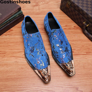 Fashion Blue Men Oxford Shoes Genuine Leather Printed Iron Toe Head Leisure Business Shoes For Wedding Party Daily Wear