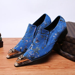 Fashion Blue Men Oxford Shoes Genuine Leather Printed Iron Toe Head Leisure Business Shoes For Wedding Party Daily Wear