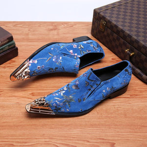 Fashion Blue Men Oxford Shoes Genuine Leather Printed Iron Toe Head Leisure Business Shoes For Wedding Party Daily Wear