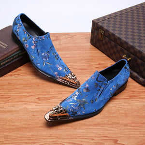 Fashion Blue Men Oxford Shoes Genuine Leather Printed Iron Toe Head Leisure Business Shoes For Wedding Party Daily Wear