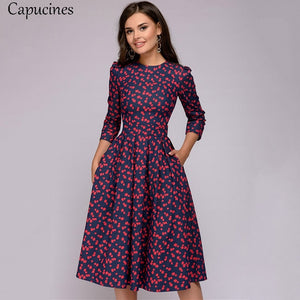 Capucines Navy Blue 3/4 Sleeves Printed Dress Women 2019 Spring Summer Vintage Pocket A-line Casual Dress Elegent Party Vestidos