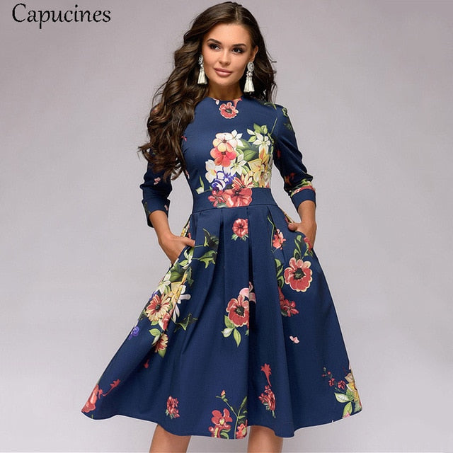 Capucines Navy Blue 3/4 Sleeves Printed Dress Women 2019 Spring Summer Vintage Pocket A-line Casual Dress Elegent Party Vestidos