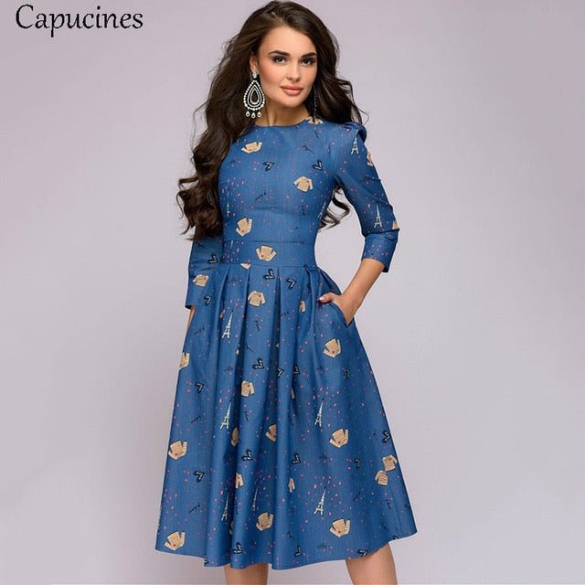 Capucines Navy Blue 3/4 Sleeves Printed Dress Women 2019 Spring Summer Vintage Pocket A-line Casual Dress Elegent Party Vestidos