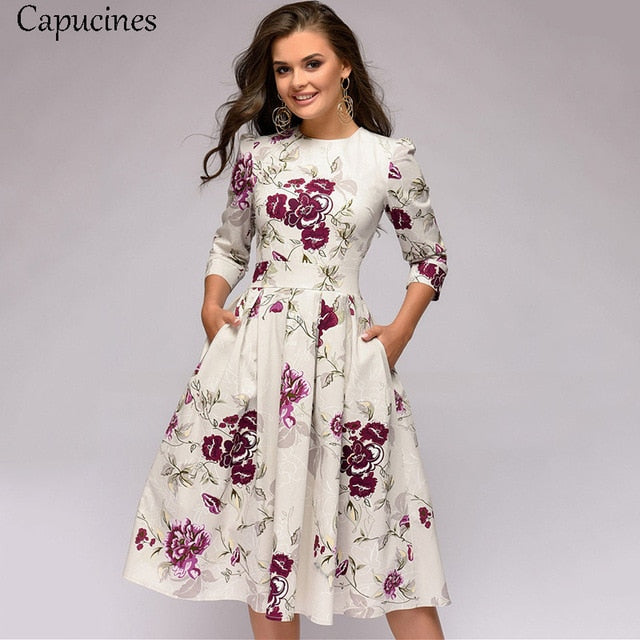 Capucines Navy Blue 3/4 Sleeves Printed Dress Women 2019 Spring Summer Vintage Pocket A-line Casual Dress Elegent Party Vestidos