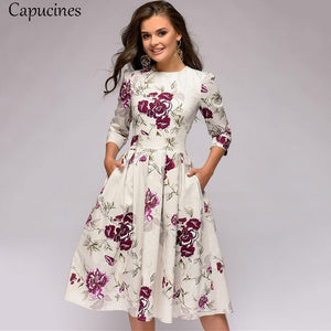 Capucines Navy Blue 3/4 Sleeves Printed Dress Women 2019 Spring Summer Vintage Pocket A-line Casual Dress Elegent Party Vestidos