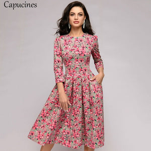 Capucines Navy Blue 3/4 Sleeves Printed Dress Women 2019 Spring Summer Vintage Pocket A-line Casual Dress Elegent Party Vestidos