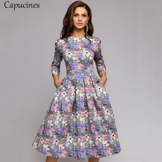 Capucines Navy Blue 3/4 Sleeves Printed Dress Women 2019 Spring Summer Vintage Pocket A-line Casual Dress Elegent Party Vestidos