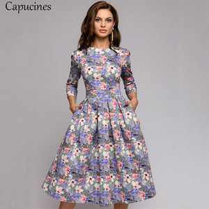 Capucines Navy Blue 3/4 Sleeves Printed Dress Women 2019 Spring Summer Vintage Pocket A-line Casual Dress Elegent Party Vestidos