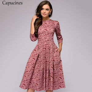 Capucines Navy Blue 3/4 Sleeves Printed Dress Women 2019 Spring Summer Vintage Pocket A-line Casual Dress Elegent Party Vestidos