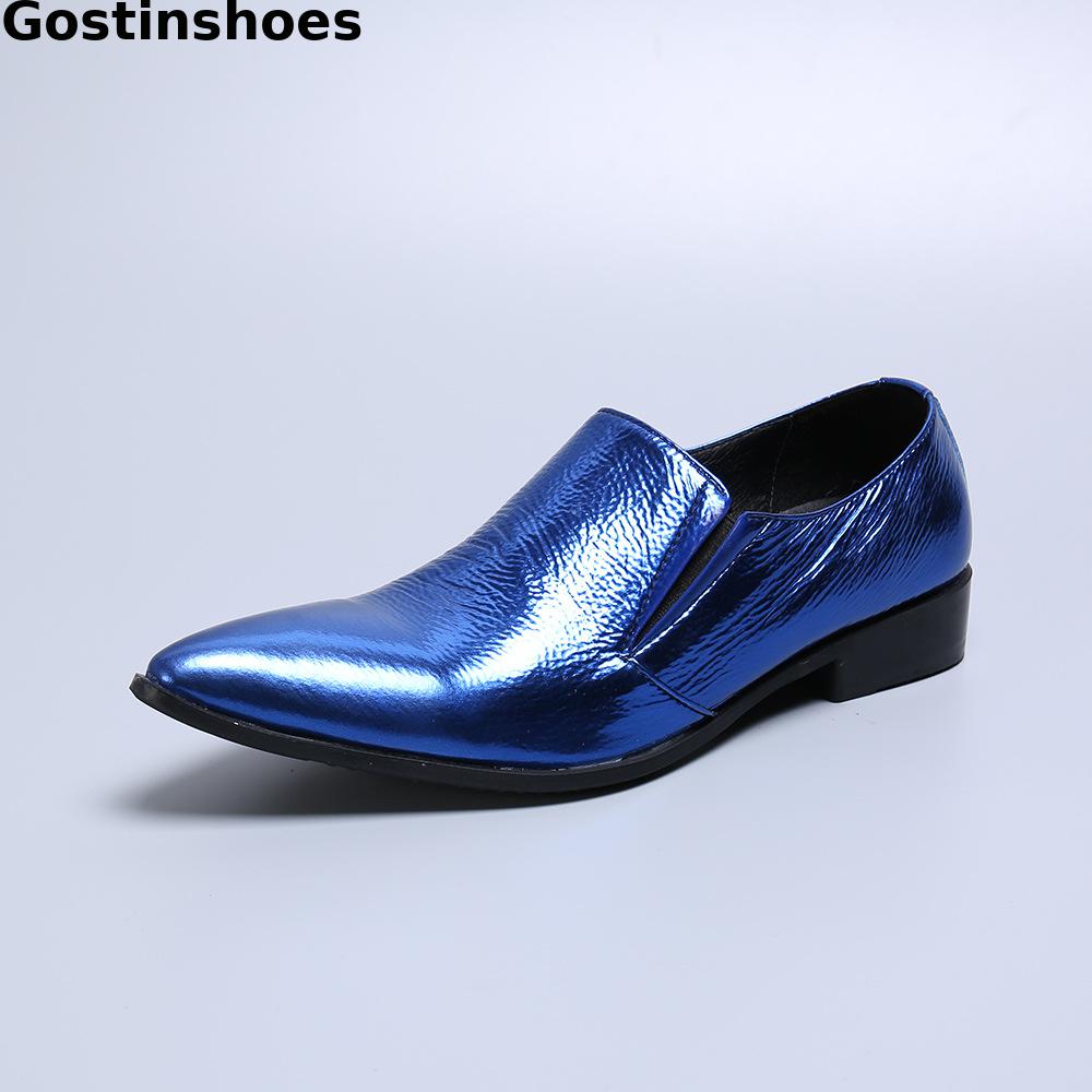 Men's Shoes Spring And Autumn British Business Dress Shoes Blue Genuine Leather Oxford Shoes Pointed Toe Slip On Fashion Style