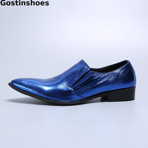 Men's Shoes Spring And Autumn British Business Dress Shoes Blue Genuine Leather Oxford Shoes Pointed Toe Slip On Fashion Style