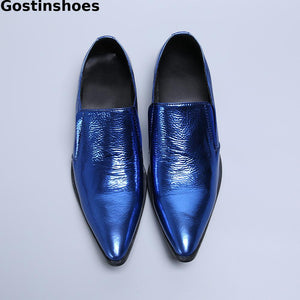 Men's Shoes Spring And Autumn British Business Dress Shoes Blue Genuine Leather Oxford Shoes Pointed Toe Slip On Fashion Style