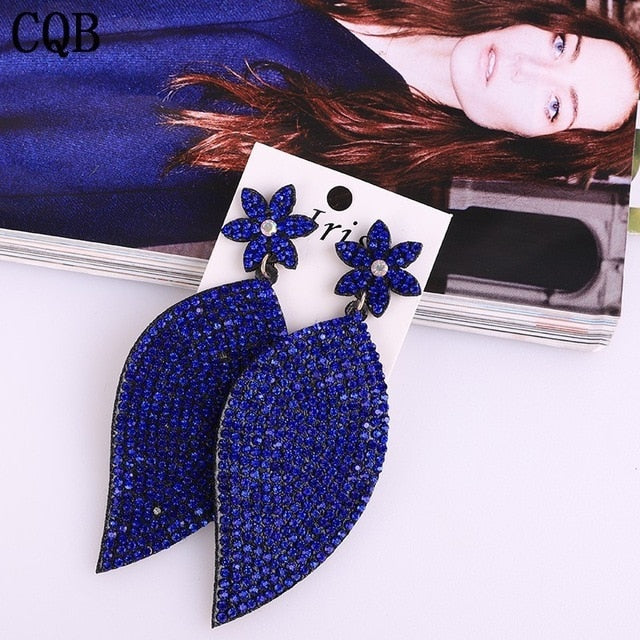 Leather plum leaf rhinestone ladies earrings accessories water drops handmade jewelry long section Korean fashion bohemian style