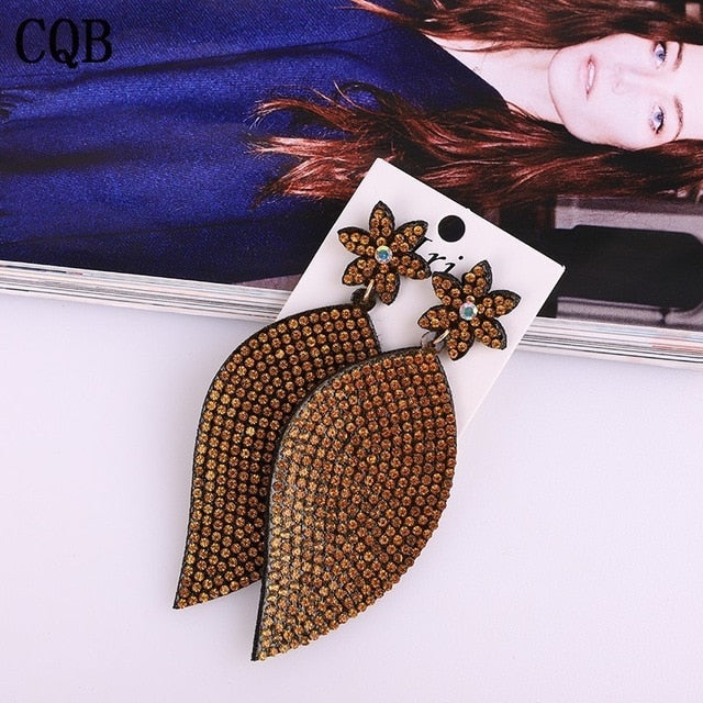 Leather plum leaf rhinestone ladies earrings accessories water drops handmade jewelry long section Korean fashion bohemian style