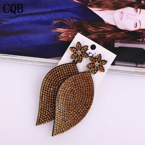 Leather plum leaf rhinestone ladies earrings accessories water drops handmade jewelry long section Korean fashion bohemian style