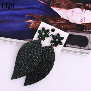 Leather plum leaf rhinestone ladies earrings accessories water drops handmade jewelry long section Korean fashion bohemian style