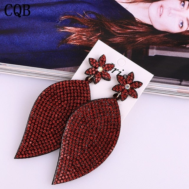 Leather plum leaf rhinestone ladies earrings accessories water drops handmade jewelry long section Korean fashion bohemian style