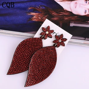 Leather plum leaf rhinestone ladies earrings accessories water drops handmade jewelry long section Korean fashion bohemian style