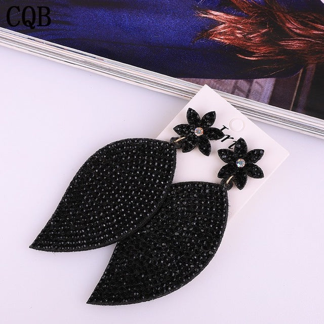 Leather plum leaf rhinestone ladies earrings accessories water drops handmade jewelry long section Korean fashion bohemian style