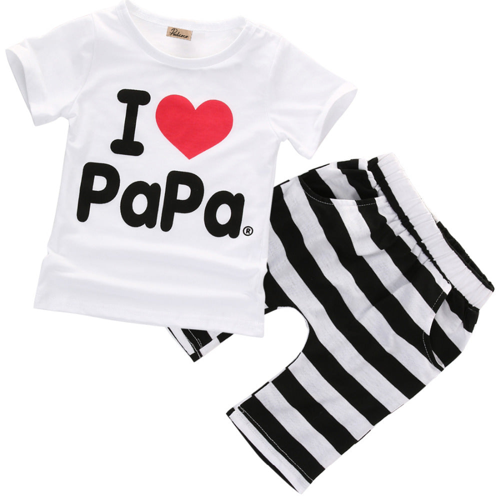 2017 Hot Casual Baby Boy Girl love PaPa Mama T-shirt  Shorts 2pcs Outfits Clothes Set Fashion Striped 2pcs Set