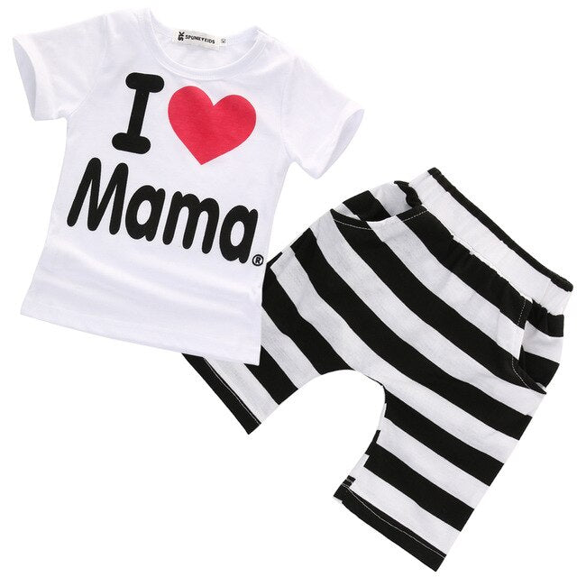 2017 Hot Casual Baby Boy Girl love PaPa Mama T-shirt  Shorts 2pcs Outfits Clothes Set Fashion Striped 2pcs Set