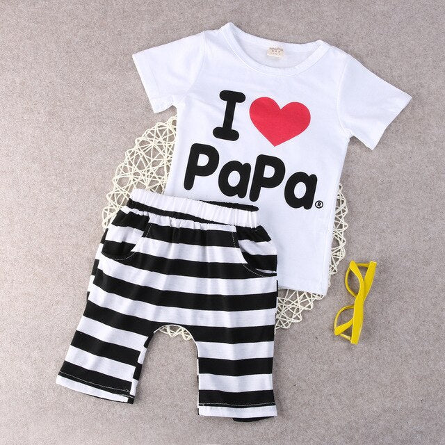 2017 Hot Casual Baby Boy Girl love PaPa Mama T-shirt  Shorts 2pcs Outfits Clothes Set Fashion Striped 2pcs Set