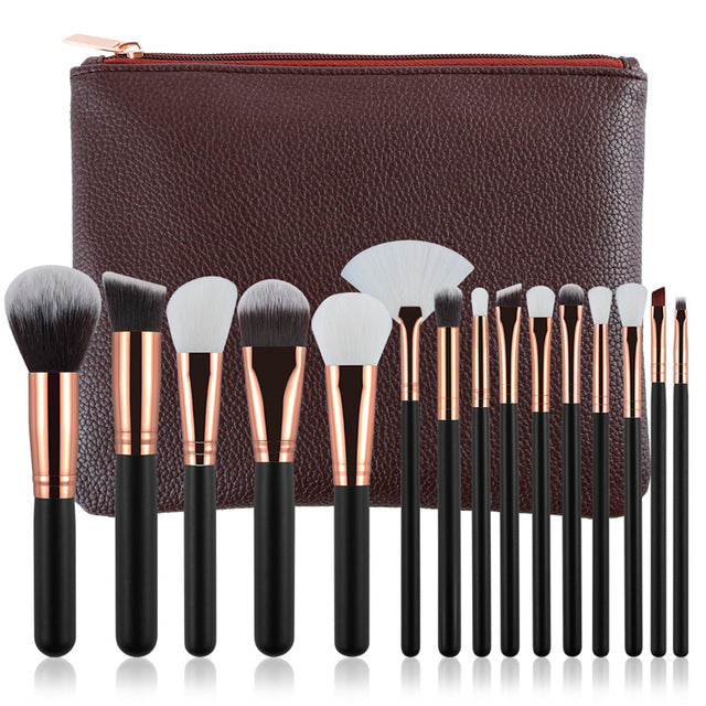 Excellent Quality 15pcs Makeup Brushes Set + Leather Case Foundation Powder Blush Highlighter Eyeshadow Blending Brush Maquiagem