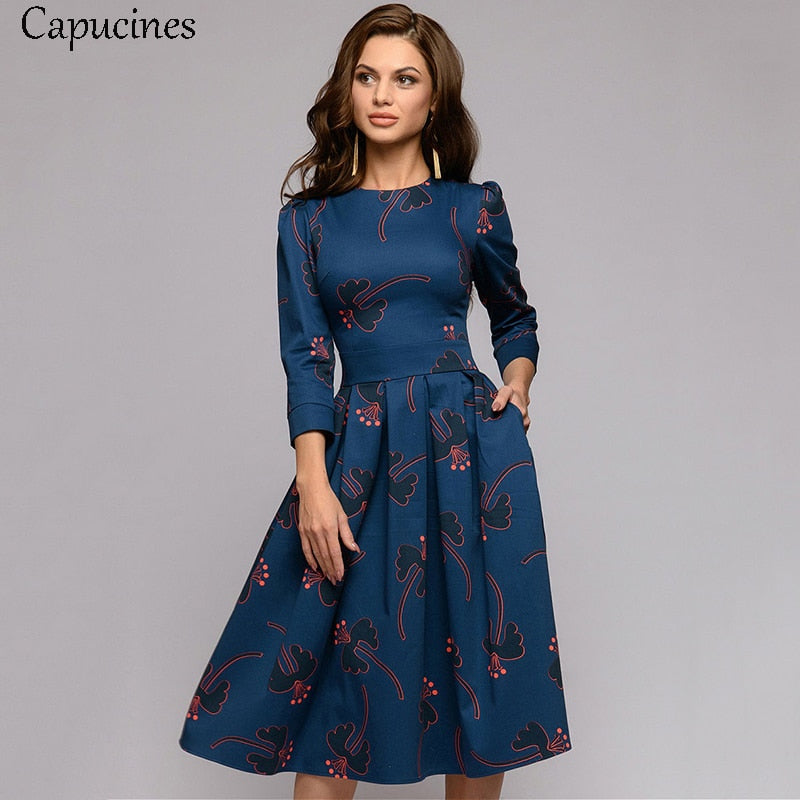 Capucines Navy Blue 3/4 Sleeves Printed Dress Women 2019 Spring Summer Vintage Pocket A-line Casual Dress Elegent Party Vestidos