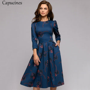 Capucines Navy Blue 3/4 Sleeves Printed Dress Women 2019 Spring Summer Vintage Pocket A-line Casual Dress Elegent Party Vestidos