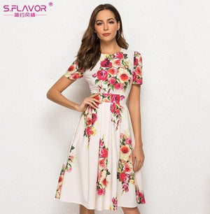 S.FLAVOR Floral Print Women Short Dress Women 2019 Short Sleeve Elegant Party Vestidos O Neck Female Casual A-Line Chic Dress