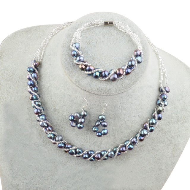 ASHIQI Natural Freshwater Pearl Jewelry Sets & More Hand-knitted Necklace Bracelet Earrings for Women NE+BR+EA