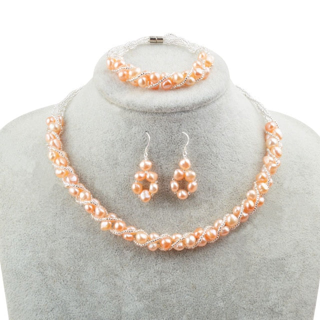 ASHIQI Natural Freshwater Pearl Jewelry Sets & More Hand-knitted Necklace Bracelet Earrings for Women NE+BR+EA