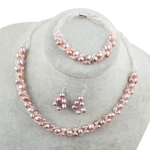 ASHIQI Natural Freshwater Pearl Jewelry Sets & More Hand-knitted Necklace Bracelet Earrings for Women NE+BR+EA