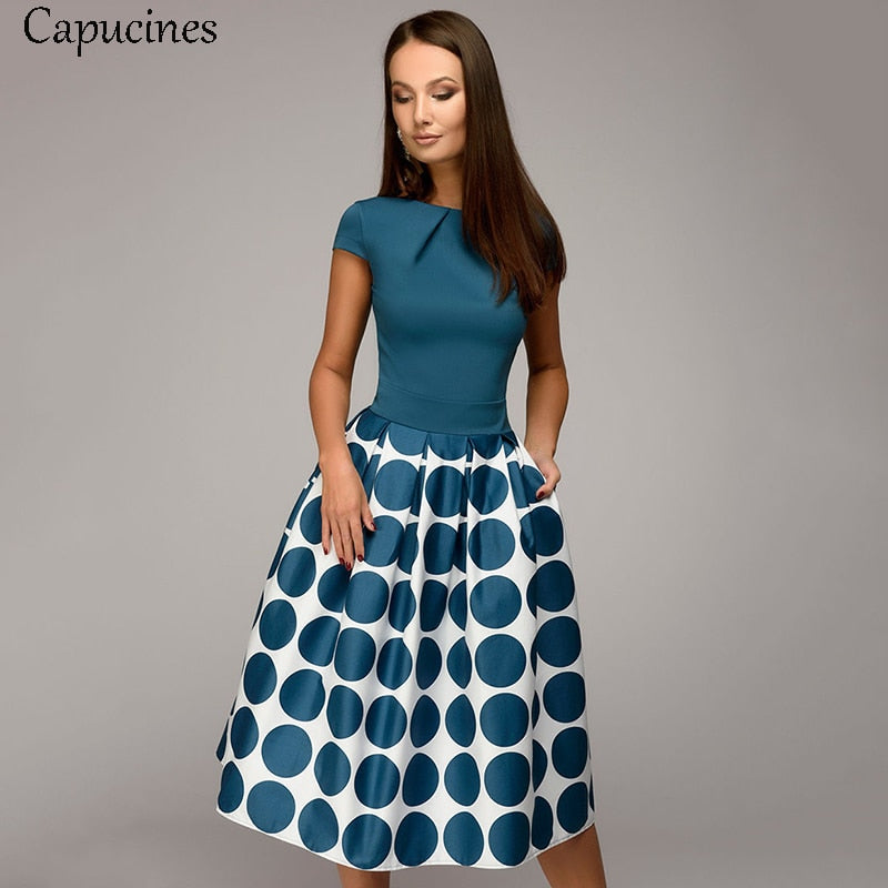 Hot Sale Vintage Dot Printing Patchwork A-line Dresses Women Summer Short Sleeves Round Neck Casual Dress Female Vestidos